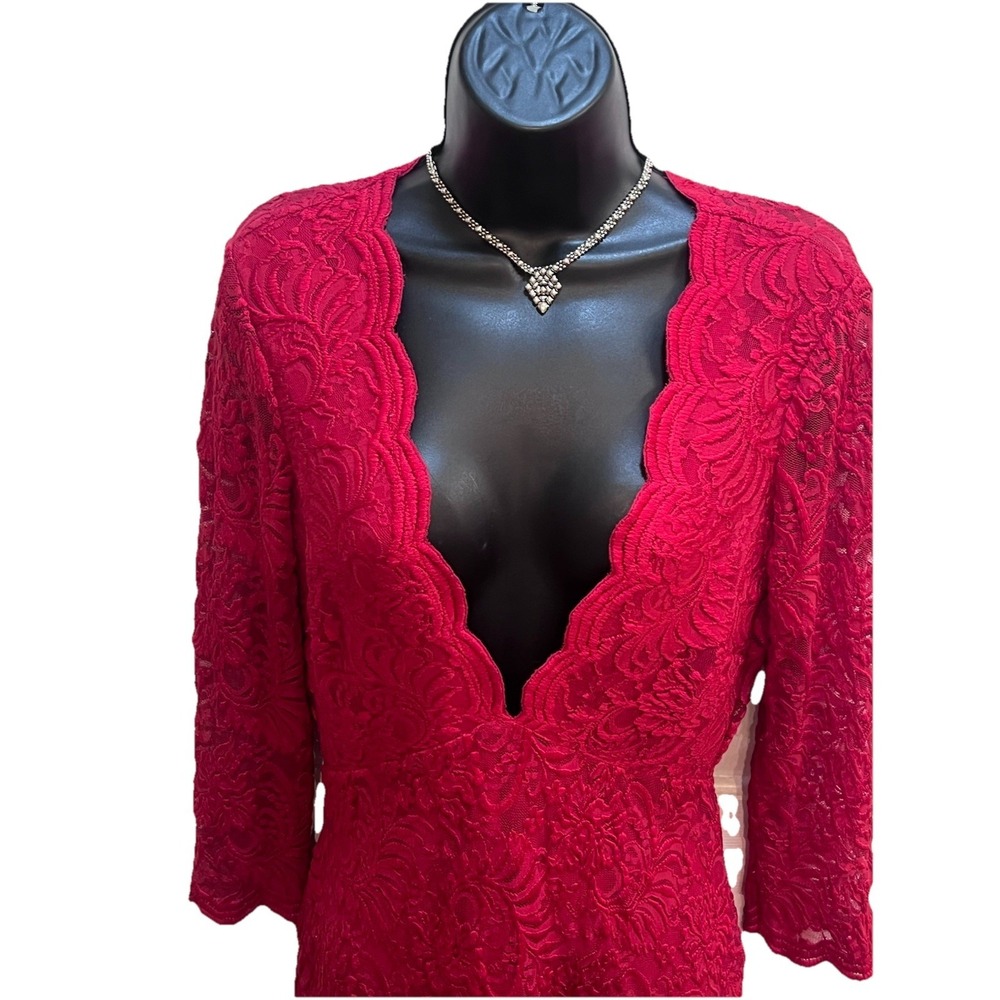 Bebe M Plunge Neck Red LACE Mini DRESS Stretch Long Sleeve Y2K Retro  sexy